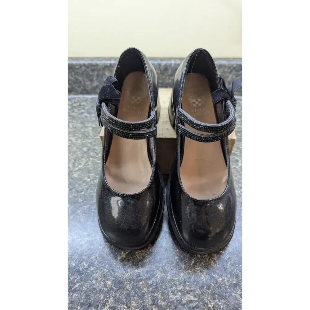 Vince Camuto Size 5 Big Kid Black Mary Jane Heels Rhinestone Bow 7 Women